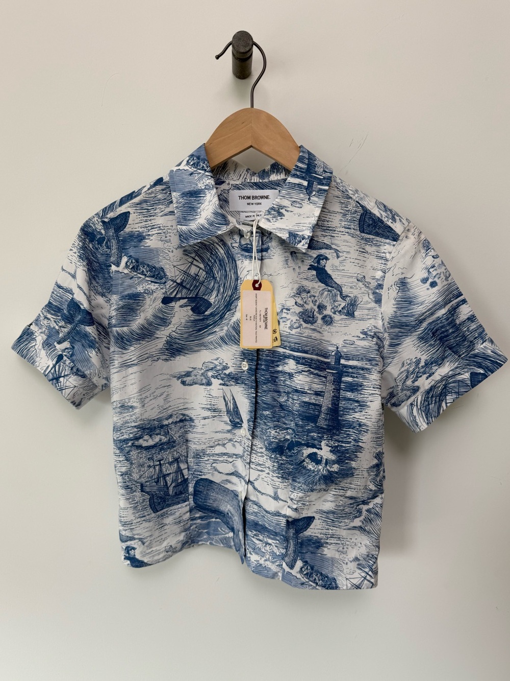 Thom Browne womens nautical toile print poplin short sleeve shirt. Made in Italy